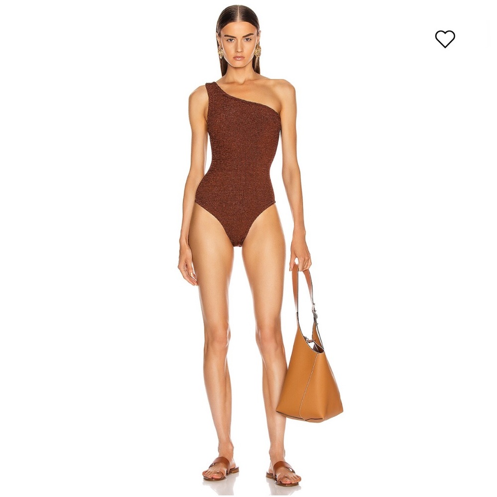 Hunza G Nancy Swimsuit in Metallic Bronze Chocolate Brown One Size - Picture 2 of 9